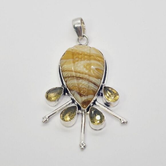 Carved Botswana Agate Citrine Ethnic Handmade Pendant Jewelry 2.72" - Picture 5 of 6